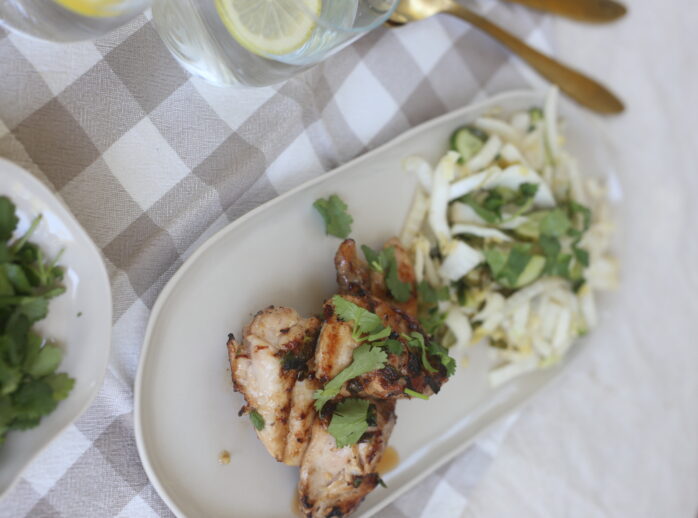 BBQ Asian Spice Chicken Served with Warm Cabbage and Cucumber Salad